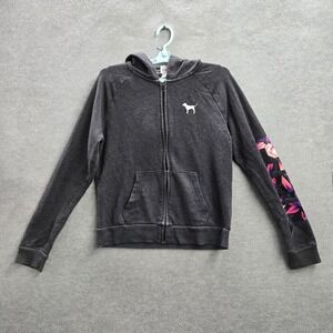 PINK Victoria's Secret Women Hoodie M Gray Embroidered Fleece Dog Activewear